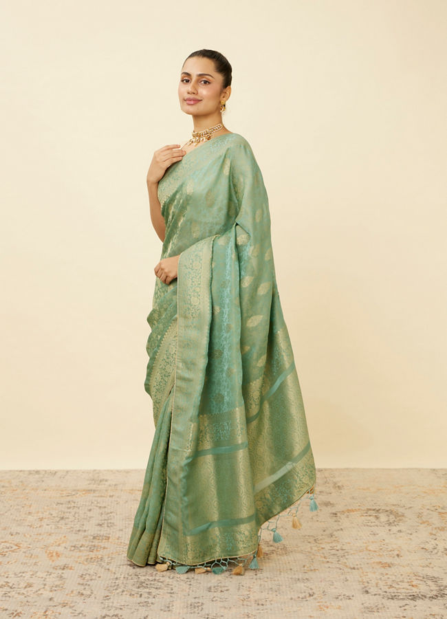 Pastel Turquoise Saree with Floral Medallion Patterns image number 3
